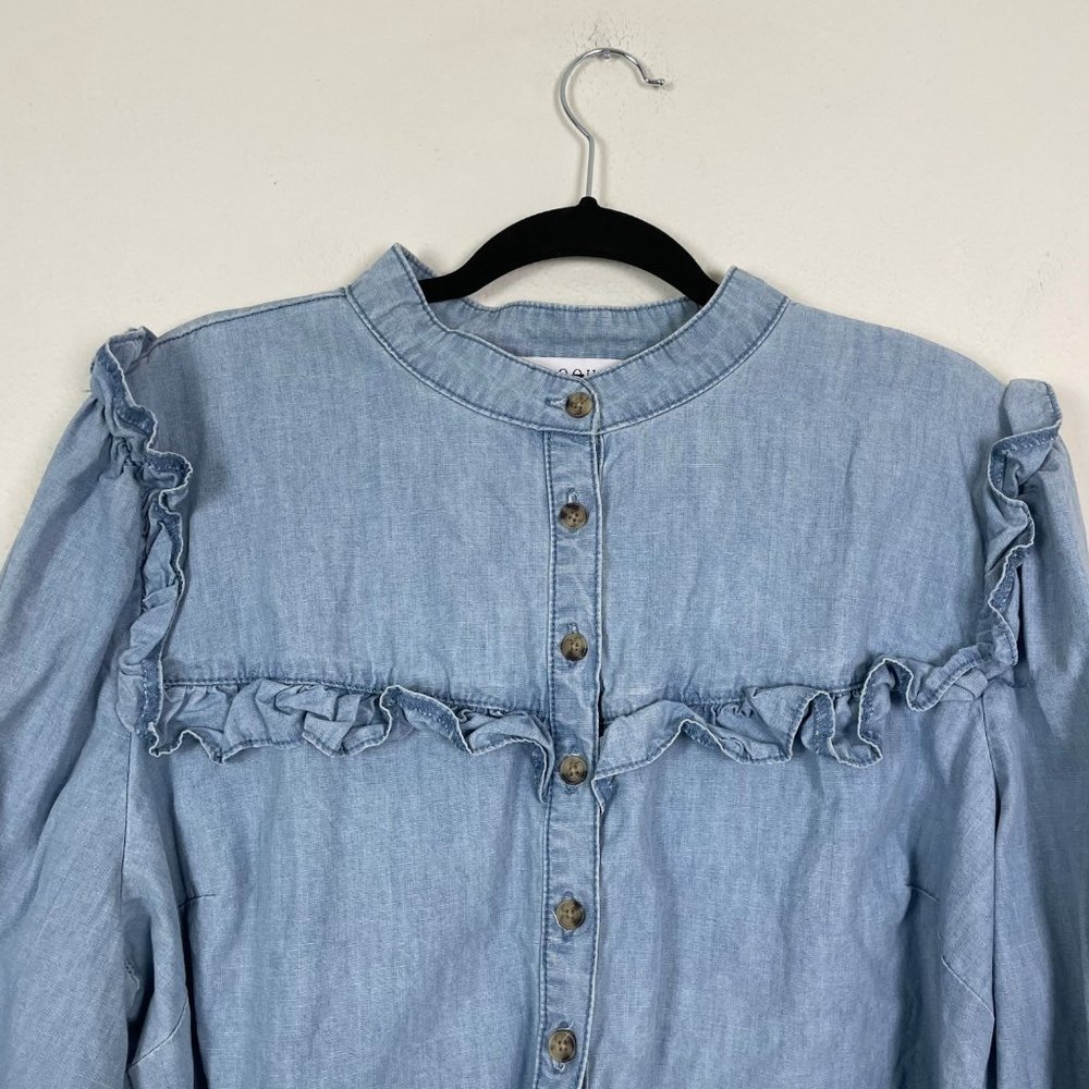 Eloquii Elements Woman's Sz 20 Blue Chambray Long Sleeve Ruffle Blouse Top - Picture 3 of 9